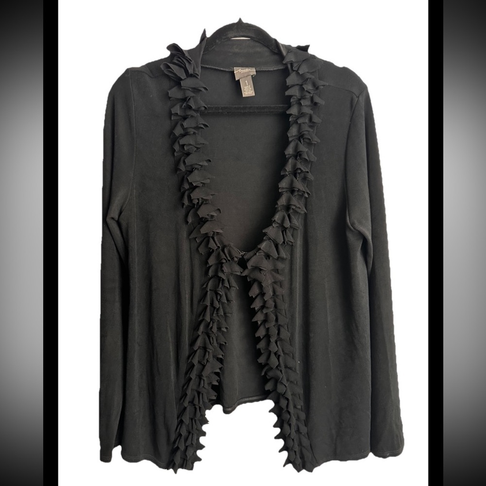 CHICOS Travelers Ruffled Front Black Open Cardigan Sz 8